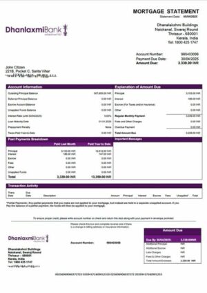 India Dhanlaxmi Bank mortgage statement Word and PDF template