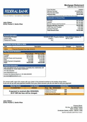 India Federal Bank mortgage statement Word and PDF template