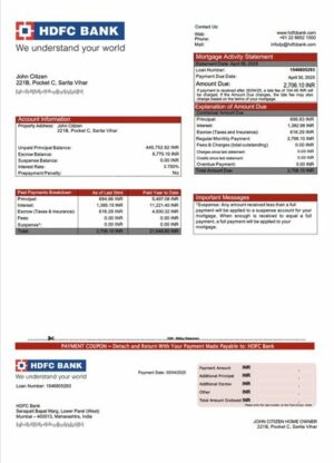 India HDFC Bank mortgage statement Word and PDF template