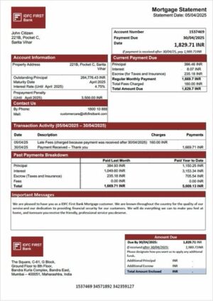India IDFC First Bank mortgage statement Word and PDF template
