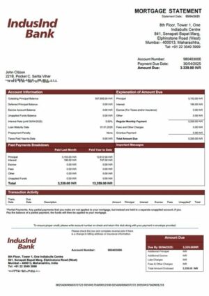 India IndusInd Bank mortgage statement Word and PDF template