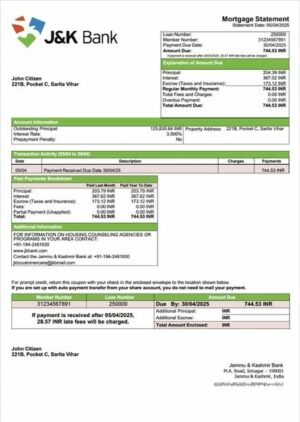India Jammu & Kashmir Bank mortgage statement Word and PDF template