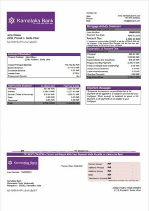 India Karnataka Bank mortgage statement Word and PDF template