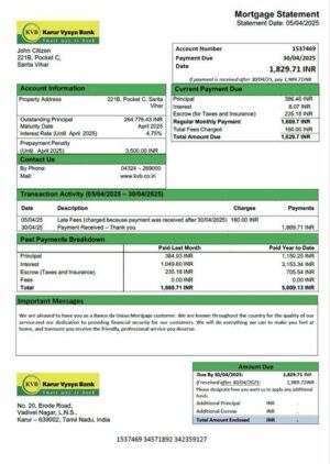 India Karur Vysya Bank mortgage statement Word and PDF template