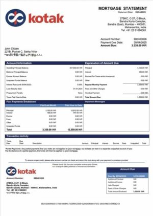 India Kotak Mahindra Bank mortgage statement Word and PDF template