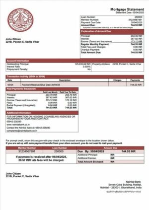 India Nainital Bank mortgage statement Word and PDF template