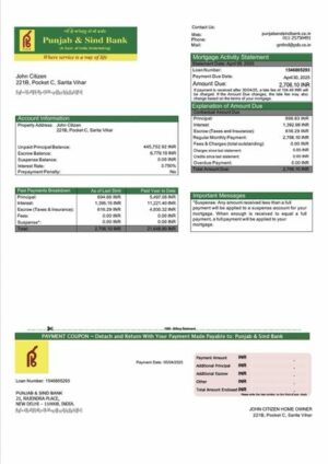 India Punjab & Sind Bank mortgage statement Word and PDF template