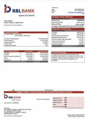 India RBL Bank mortgage statement Word and PDF template