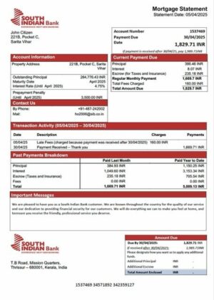 India South Indian Bank mortgage statement Word and PDF template