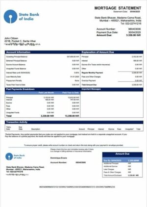 India State Bank of India mortgage statement Word and PDF template