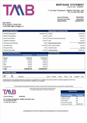 India Tamilnad Mercantile Bank mortgage statement Word and PDF template