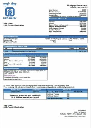 India UCO Bank mortgage statement Word and PDF template