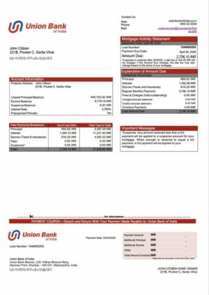 India Union Bank of India mortgage statement Word and PDF template