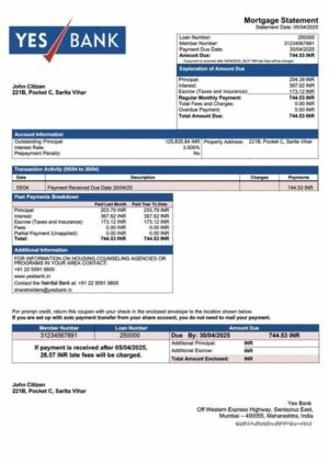 India Yes Bank mortgage statement Word and PDF template