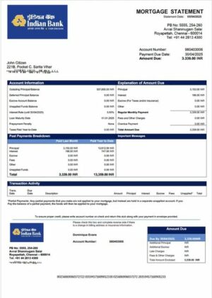 Indian Bank mortgage statement Word and PDF template