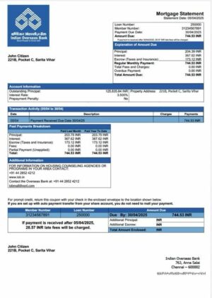 Indian Overseas Bank mortgage statement Word and PDF template