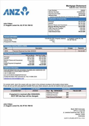 Indonesia Bank ANZ Indonesia mortgage statement Word and PDF template