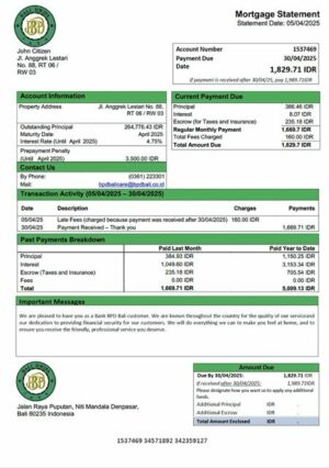 Indonesia Bank BPD Bali mortgage statement Word and PDF template