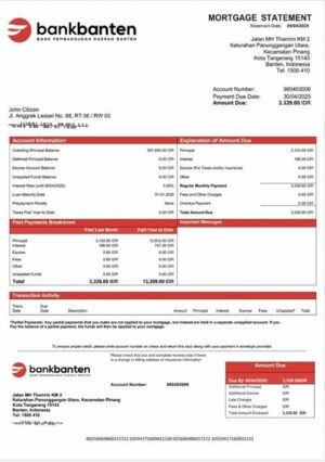 Indonesia Bank Banten mortgage statement Word and PDF template