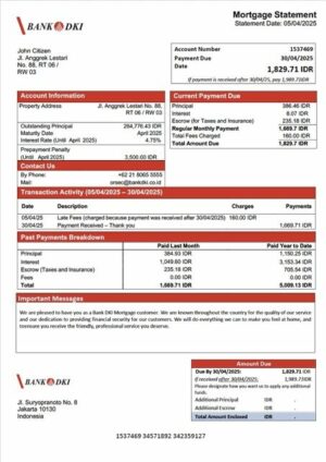 Indonesia Bank DKI mortgage statement Word and PDF template