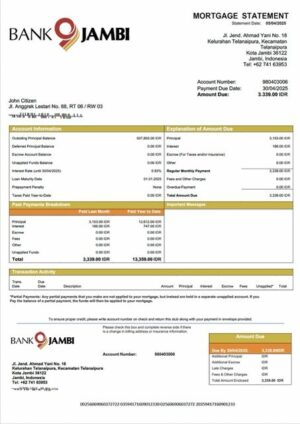 Indonesia Bank Jambi mortgage statement Word and PDF template