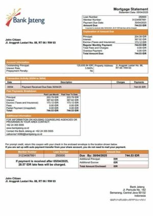 Indonesia Bank Jateng mortgage statement Word and PDF template