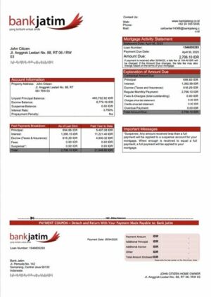 Indonesia Bank Jatim mortgage statement Word and PDF template