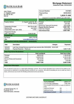 Indonesia Bank Kalbar mortgage statement Word and PDF template