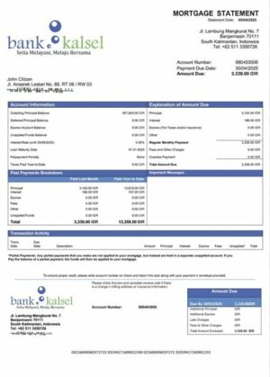 Indonesia Bank Kalsel mortgage statement Word and PDF template