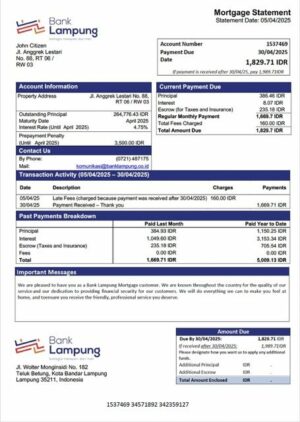 Indonesia Bank Lampung mortgage statement Word and PDF template