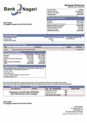 Indonesia Bank Nagari mortgage statement Word and PDF template