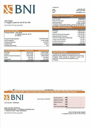Indonesia Bank Negara Indonesia (BNI) mortgage statement Word and PDF template