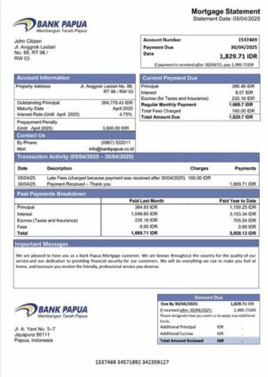 Indonesia Bank Papua mortgage statement Word and PDF template