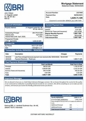 Indonesia Bank Rakyat Indonesia (BRI) mortgage statement Word and PDF template