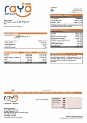 Indonesia Bank Raya Indonesia mortgage statement Word and PDF template
