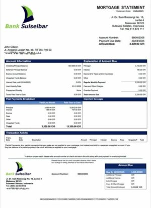 Indonesia Bank Sulselbar mortgage statement Word and PDF template