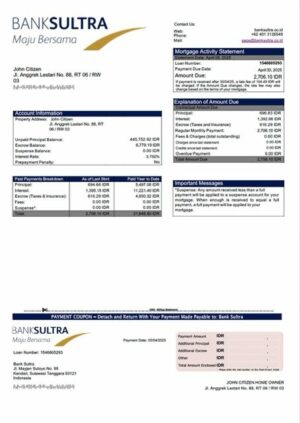 Indonesia Bank Sultra mortgage statement Word and PDF template