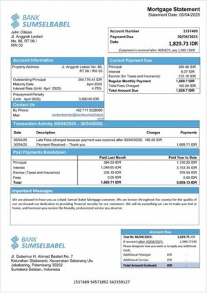 Indonesia Bank Sumsel Babel mortgage statement Word and PDF template