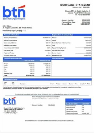 Indonesia Bank Tabungan Negara (BTN) mortgage statement Word and PDF template
