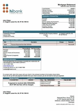 Indonesia Hibank mortgage statement Word and PDF template
