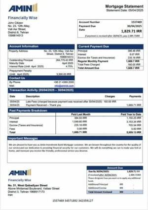 Iran Amin Investment Bank mortgage statement Word and PDF template