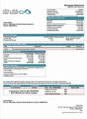 Iran Bank Day mortgage statement Word and PDF template