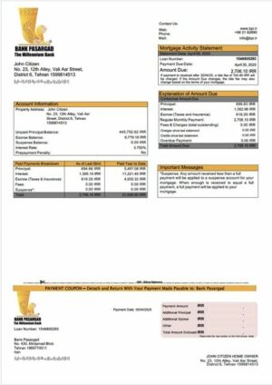 Iran Bank Pasargad mortgage statement Word and PDF template