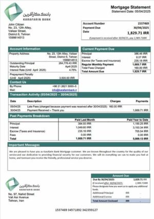 Iran Karafarin Bank mortgage statement Word and PDF template