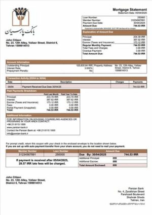 Iran Parsian Bank mortgage statement Word and PDF template