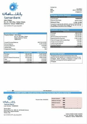 Iran Saman Bank mortgage statement Word and PDF template