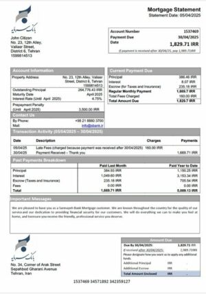 Iran Sarmayeh Bank mortgage statement Word and PDF template