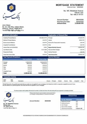Iran Sina Bank mortgage statement Word and PDF template