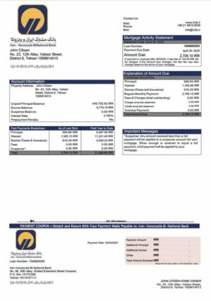 Iran-Venezuela Bi-National Bank mortgage statement Word and PDF template