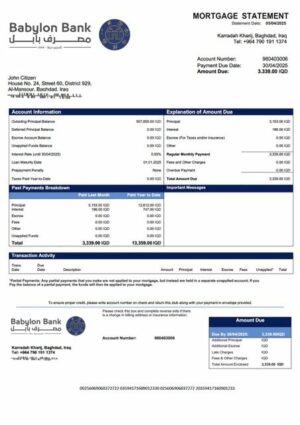 Iraq Babylon Bank mortgage statement Word and PDF template